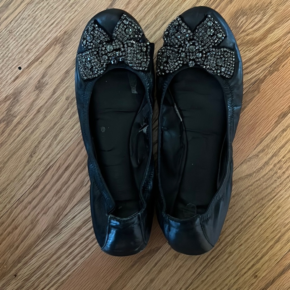 Audrey Brooke Black Flats with Beaded Bow